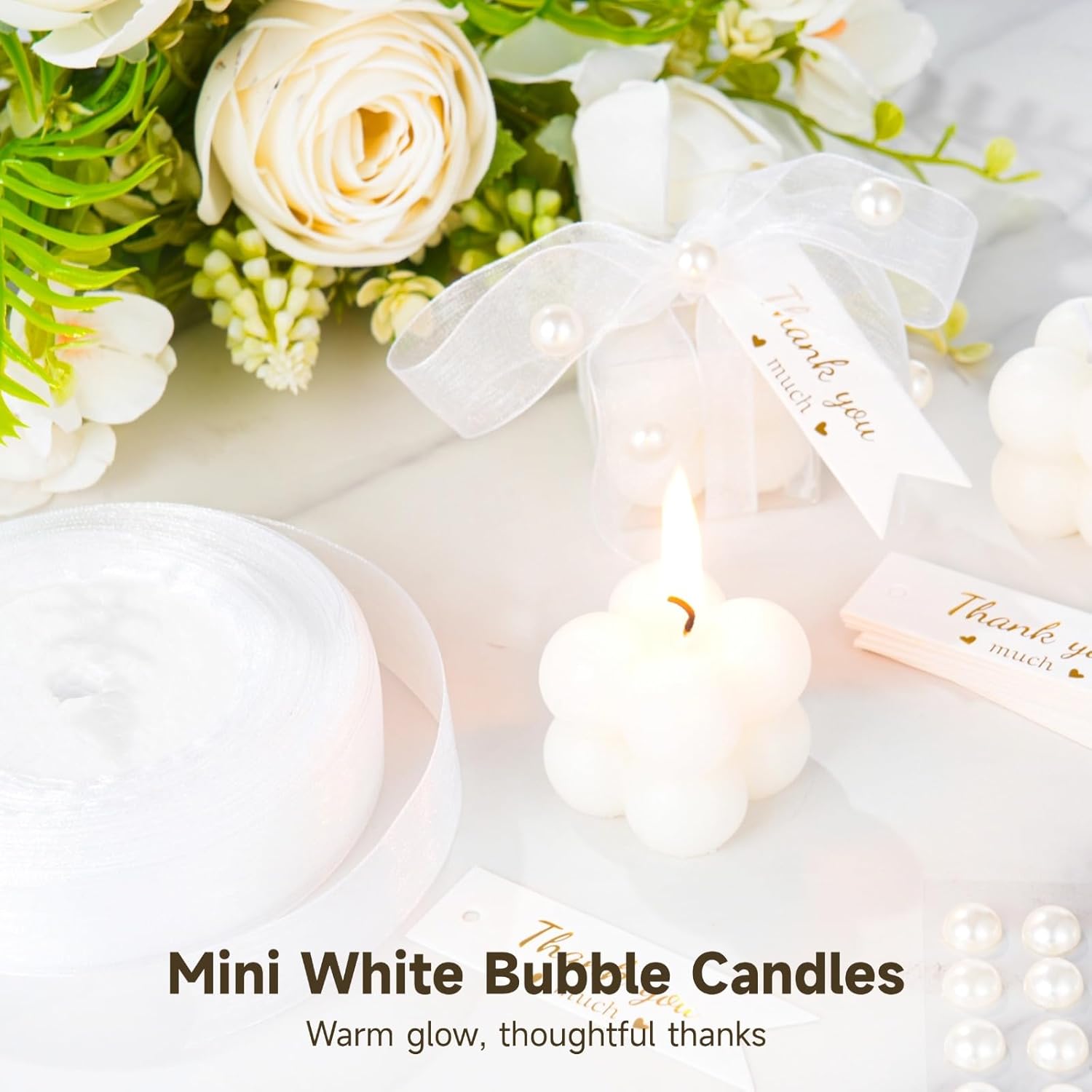 32 Pcs Mini White Bubble Candles, Includes 35 Thank You Cards, Ribbon, Stickers,and Scissors, Wedding Favors Gifts for Guests Bulk for Wedding, Bridal Shower, Baptism