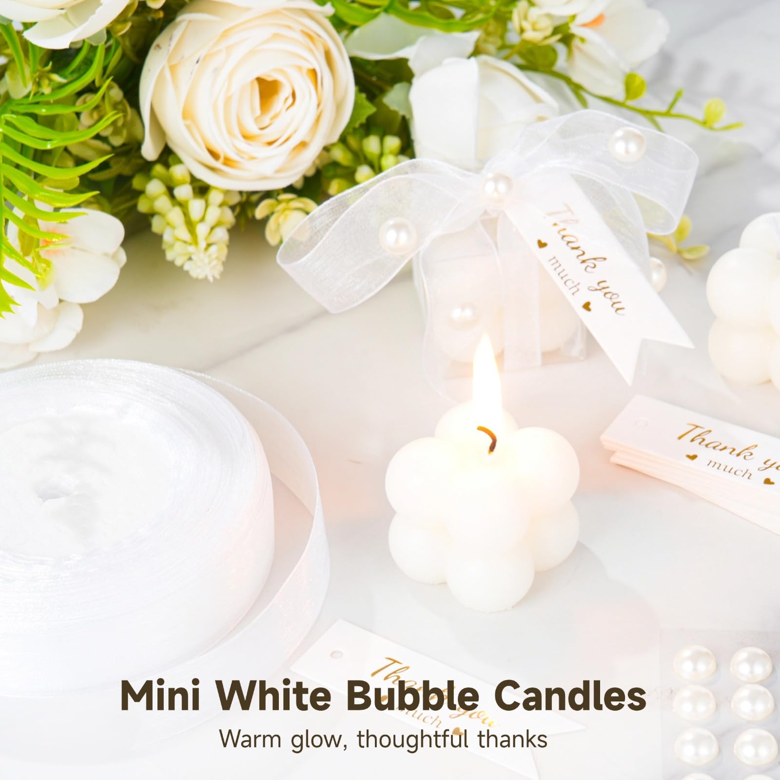 32 Stk. Mini weiße Bubble-Kerzen, Geschenkbox mit 35 Dankeskarten, Band, Aufklebern und Schere, Gastgeschenke für Hochzeit, Brautparty und Taufe, für Tischdeko und zum Verschenken