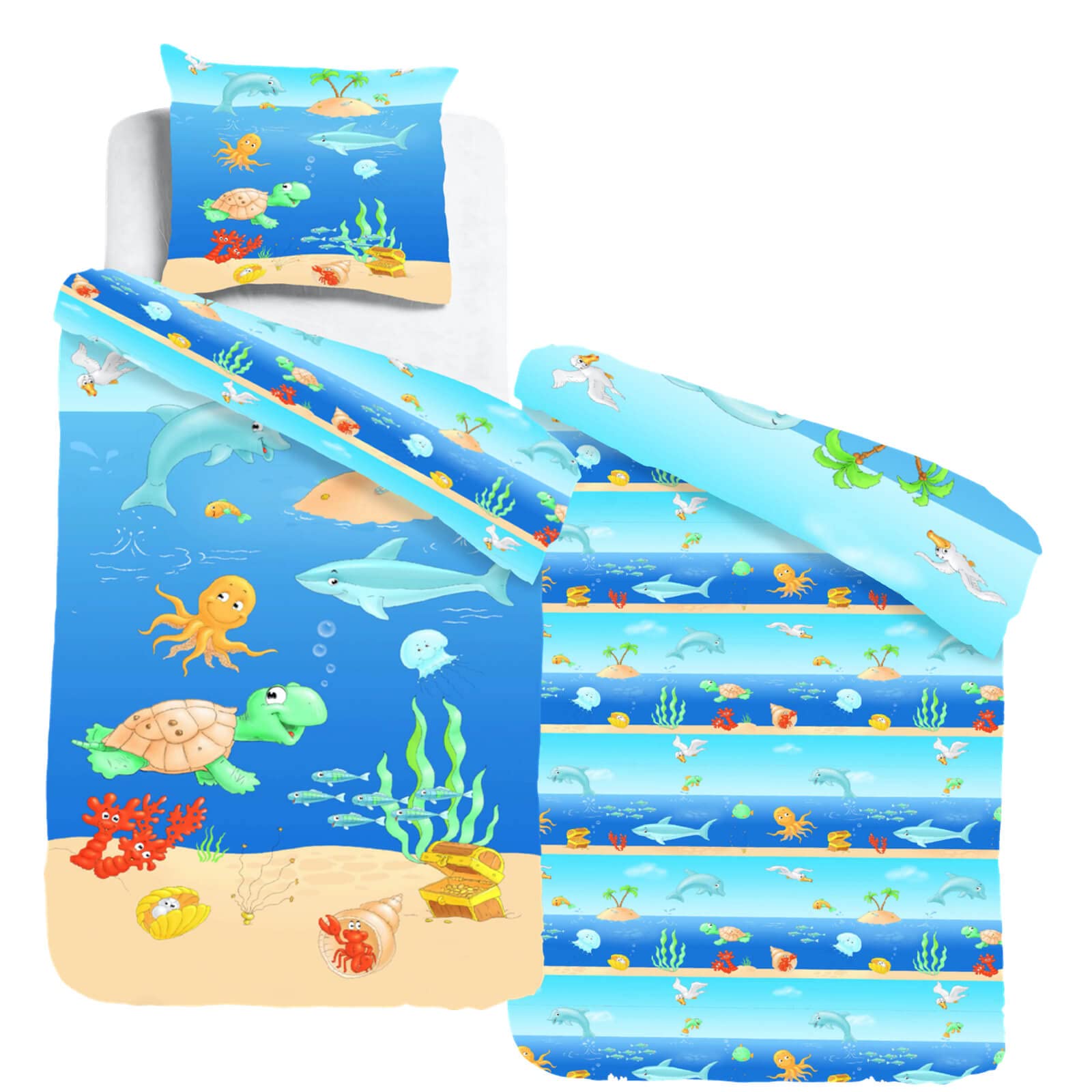 Kinderbettwäsche Sleep and Dream Lustige Meerestiere Fische Delfin Schildkröte Strand Renforcé, Größe:135 cm x 200 cm