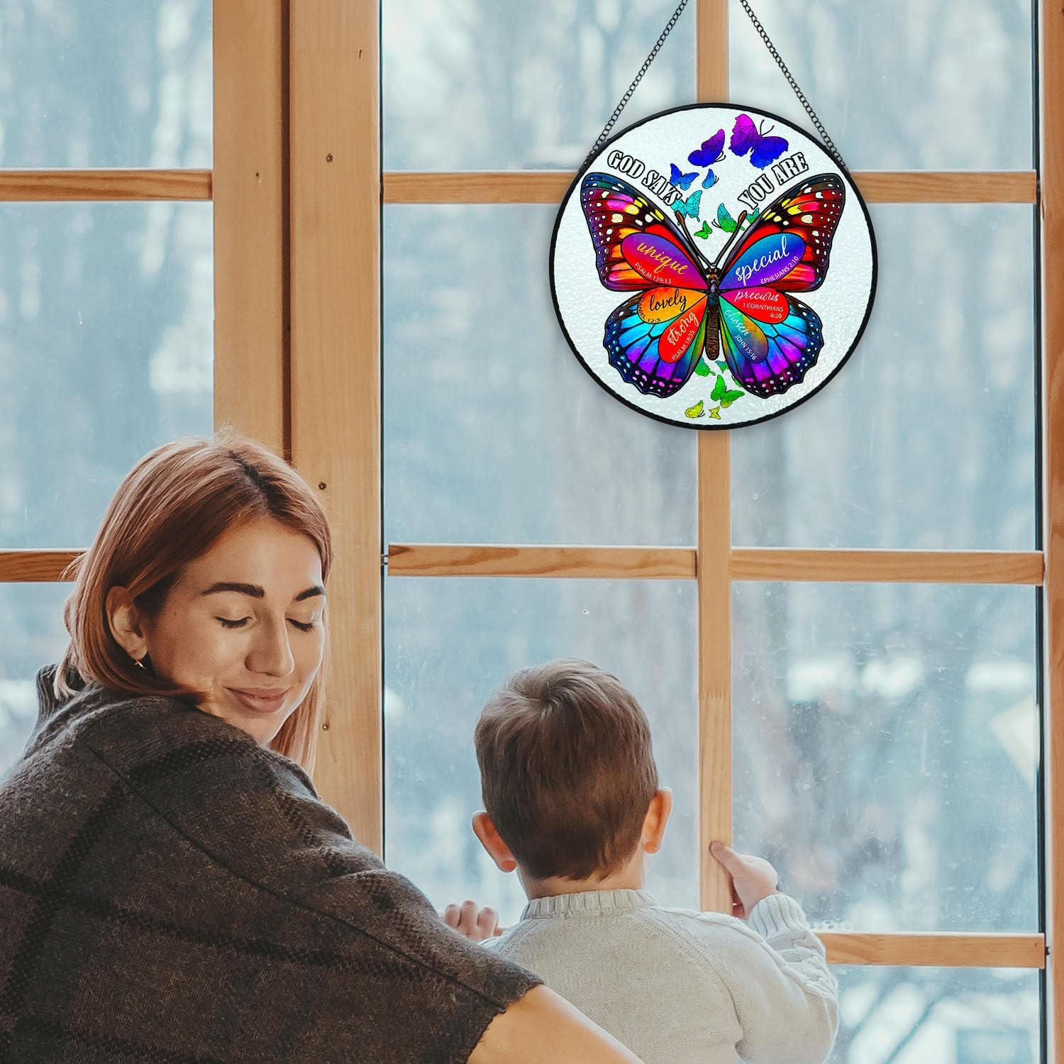 Butterfly Stained Glass Window Hanging Suncatcher, Christian Suncatchers for Windows Hanging, Indoor Outdoor Garden Wall Art with Metal Chain and Hooks, Gifts for New Home - Image 4