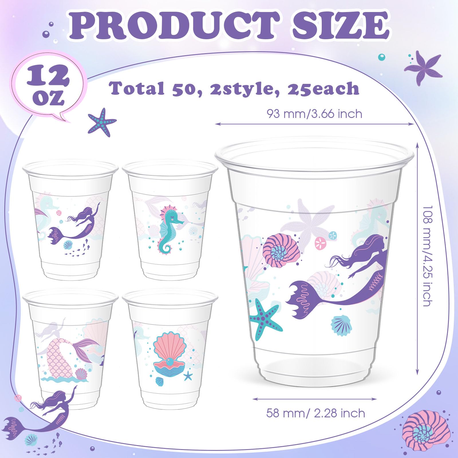 Yaomiao 50 Pieces Mermaid Party Cups Bulk 12 Oz Disposable Plastic Under the Sea Drinking Cups Mermaid Tail Shell Starfish Beverage Mugs for Ocean Birthday Baby Shower Party Supplies (Cute)