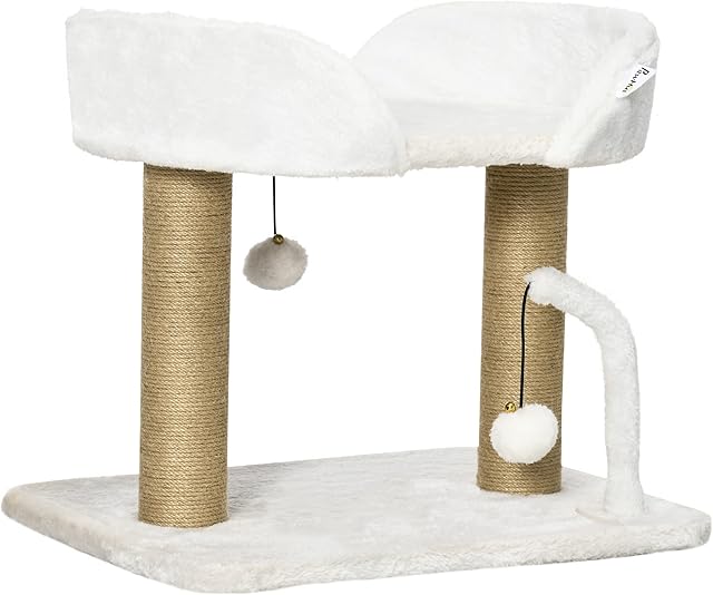 PawHut 42cm Cat Tower for Indoor Cats, Kitten Play Tower, Cat Tree w/ Jute Scratching Post, Toy Balls 48 x 38 x 42cm - White
