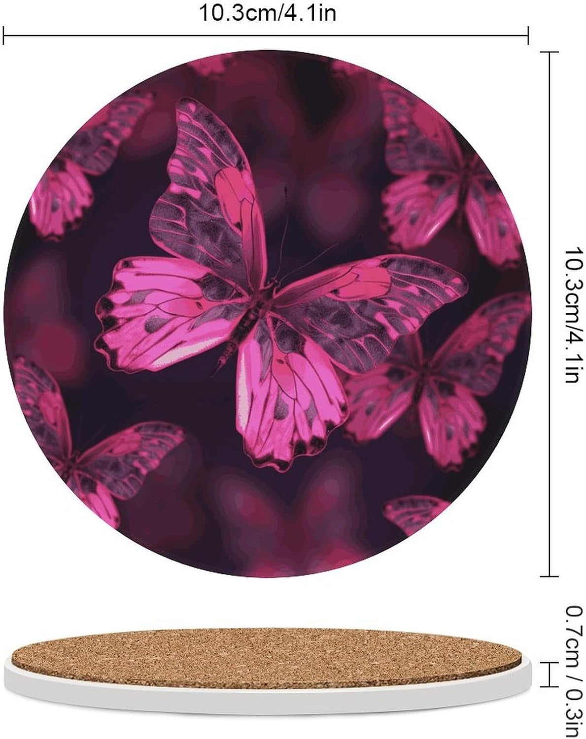 Pink Butterfly Coasters Round Coasters Set Ceramic Stone Coaster with Cork Base Coffee Cup Beverage Cup Mat Cute Funny Table Drinks Coaster for Mugs and Cups Office Kitchen