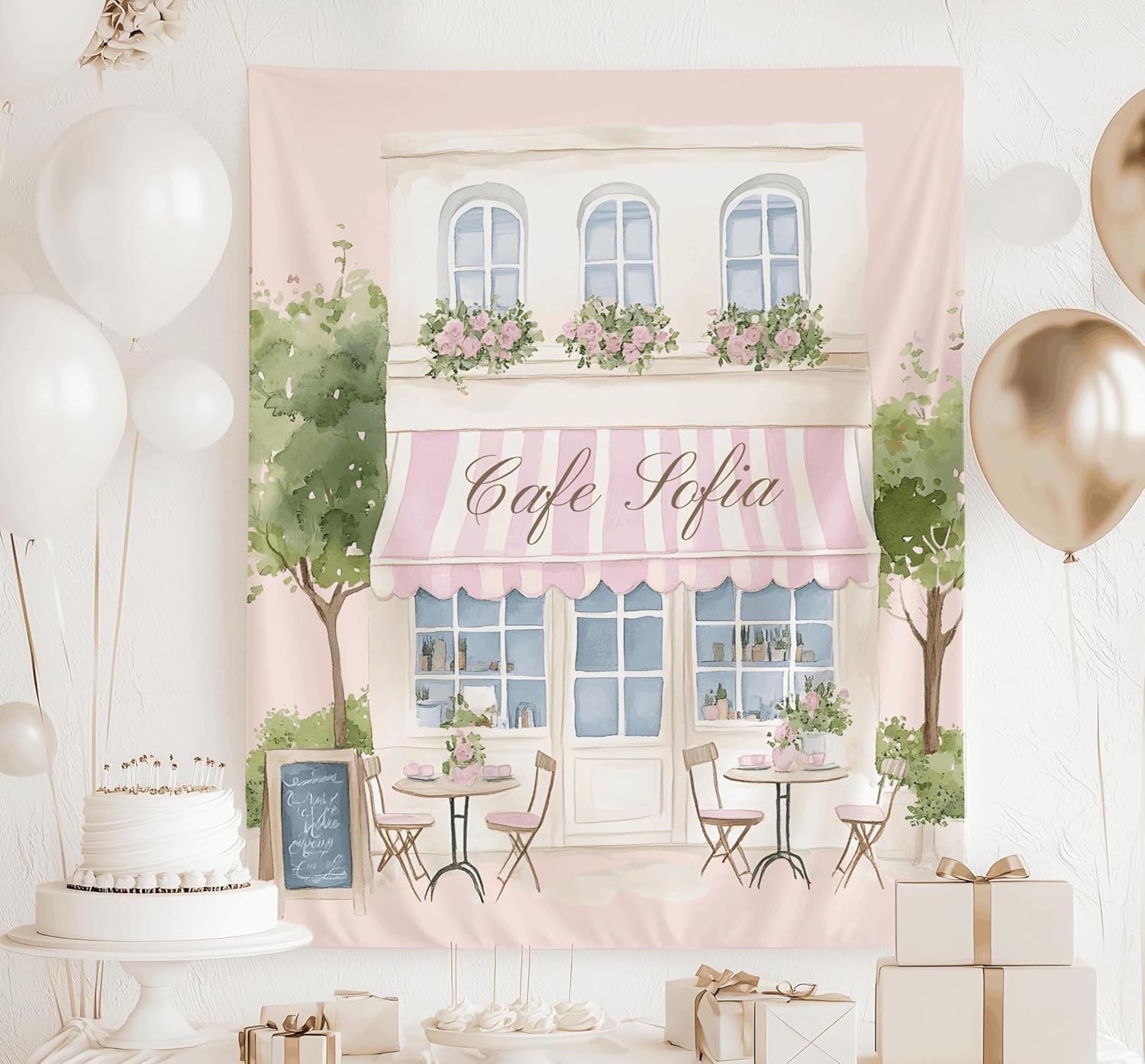 CUTHOR Paris Birthday Party Decor - French Cafe Tapestry Backdrop, Parisian Coffee Shop Wall Hanging, Patisserie Theme Sign Banner for Girl’s Birthday, France Themed Photo Booth Decoration