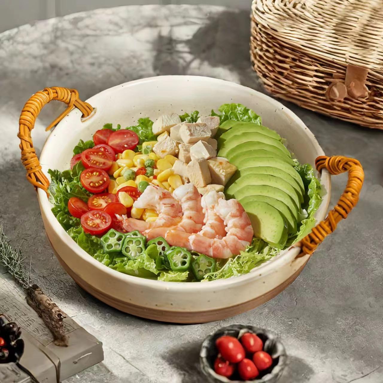 Ceramic Fruit Bowl or Salad Bowl with Double Eared Vine Weaving Handles, Ceramic Salad Bowl with Anti Slip Bottom,Large Fruit Bowl for Kitchen Counter(10Inches)