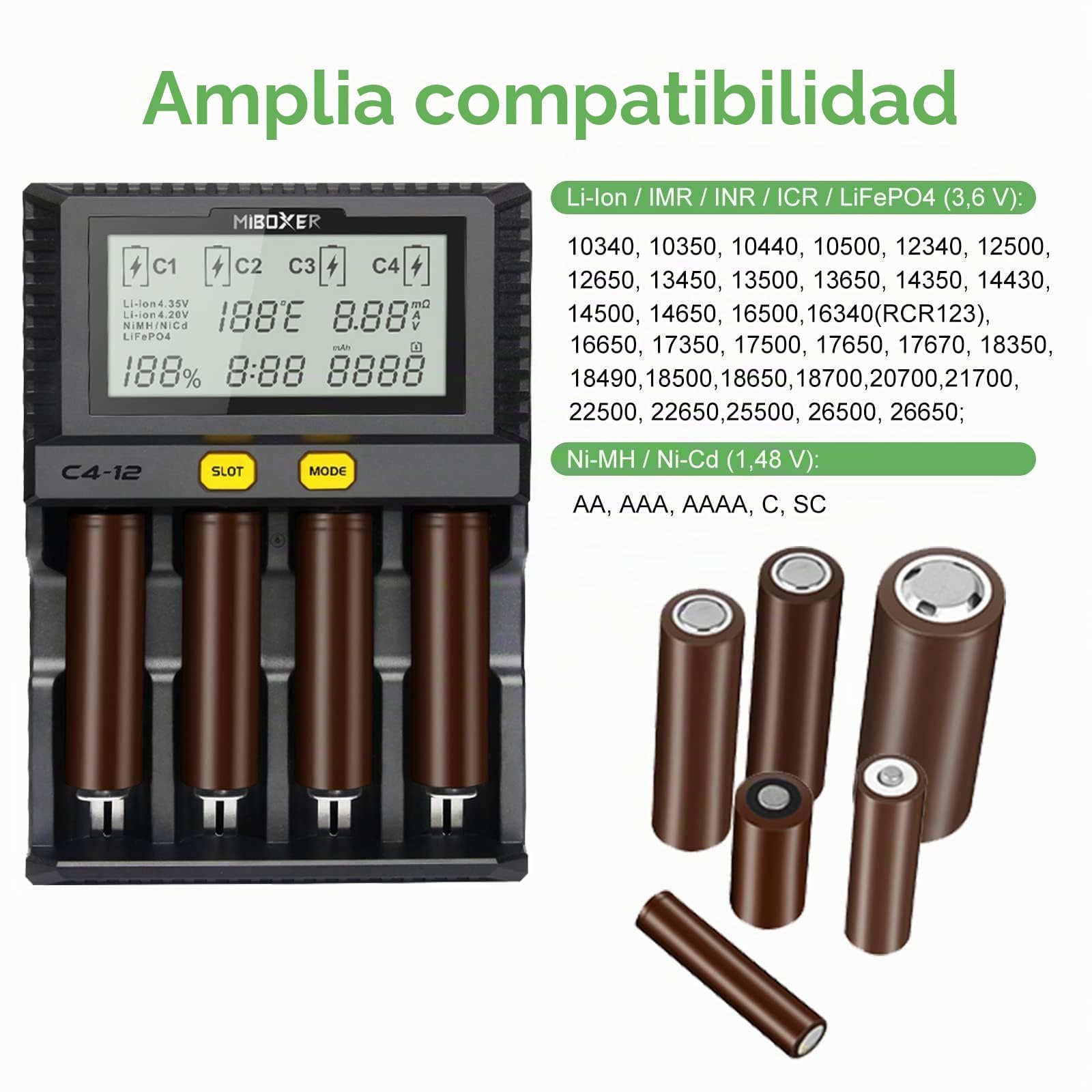 Cargador 18650 más rápido, AUKSKY 3A Cargador rápido de 4 ranuras Pantalla LCD Control de temperatura para pilas AAAAA D 26650 18490 18350 18500 RCR123 Li-ion/IMR/INR/ICR/Ni-MH/Ni-Cd