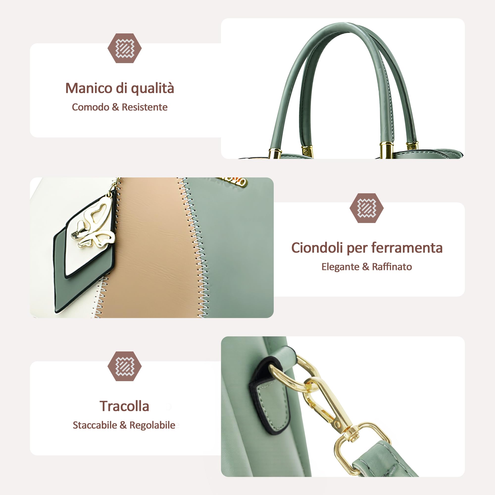 Borsa Donna in PU, Borsa a Mano Elegante con Tracolla Regolabile e Rimovibile, Borsa a Tracolla Capiente per Lavoro, Ufficio, Shopping, Viaggio e Uso Quotidiano Verde