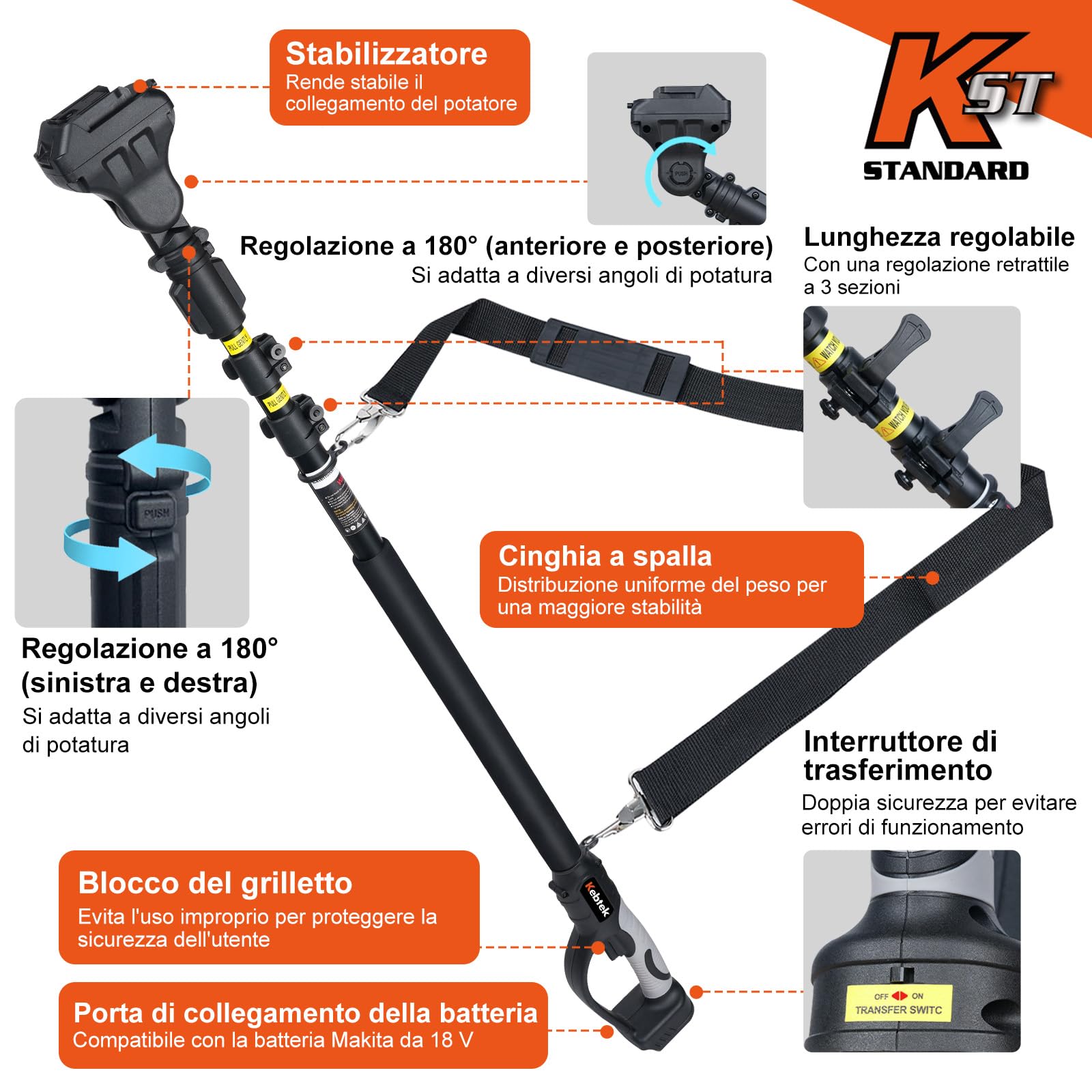 Kebtek Lungo manico telescopico Estensione per cesoie elettriche, asta telescopica 4,2-8,2 ft per potatura batteria giardinaggio albero ramo alto raggio di taglio esteso B0 poli