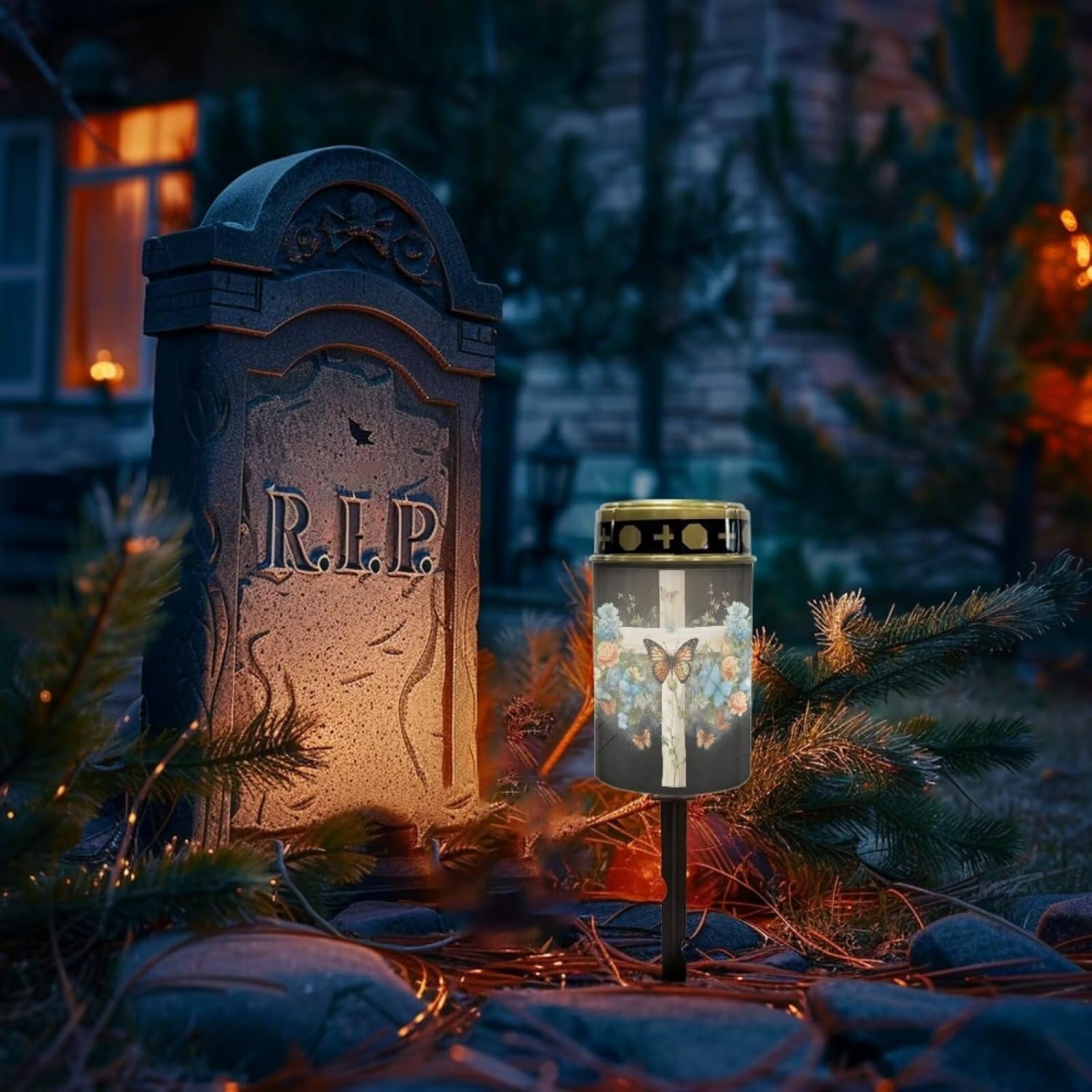 Poceacles Solar Lights Outdoor for Cemetery Grave Solar Lights Outdoor Waterproof Decorative Flameless Candle for Cemetery Garden Backyard Outdoor Decor, Butterfly Flower Cross Black, Pack of 6