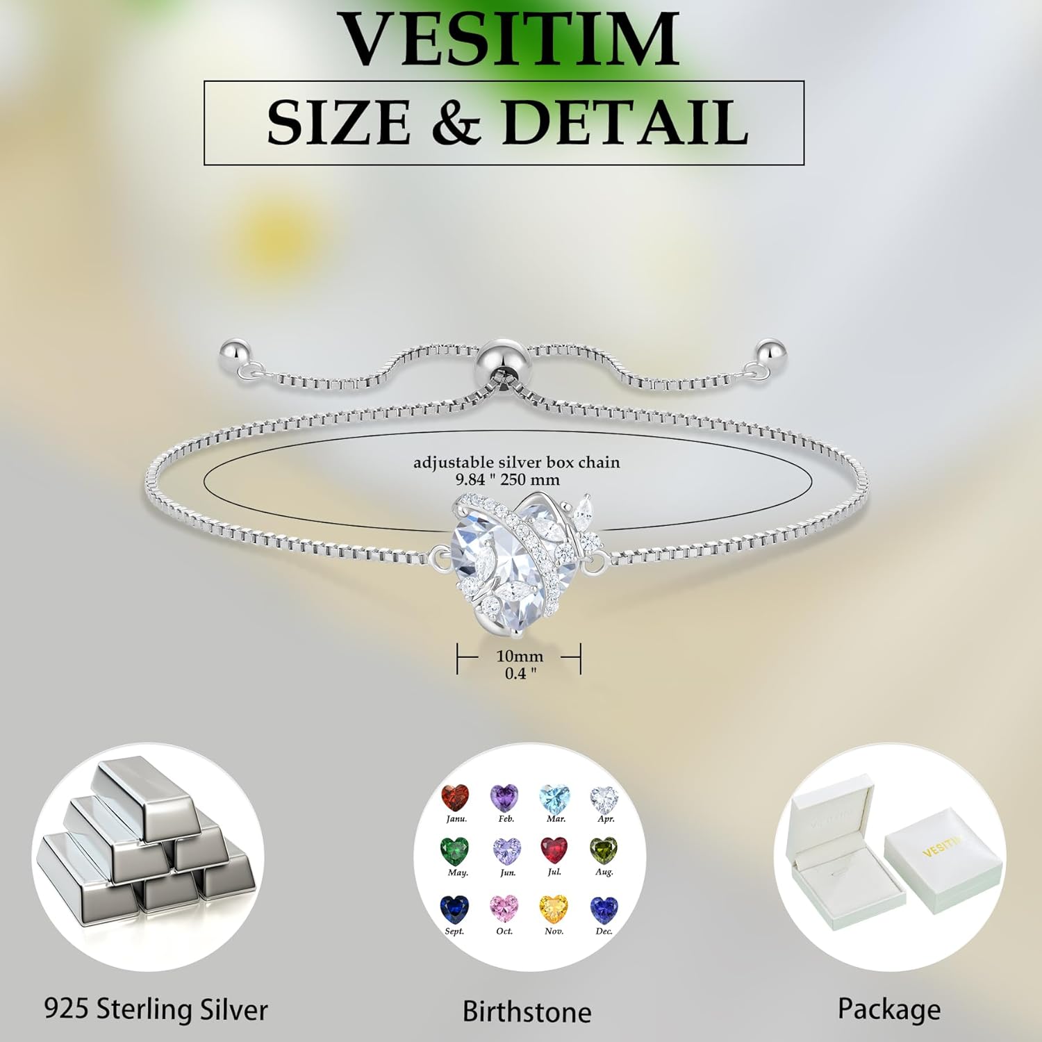 Butterfly Bracelet for Women Sterling Silver Heart Jewelry Birthstone Charm Link Bracelet - Image 6