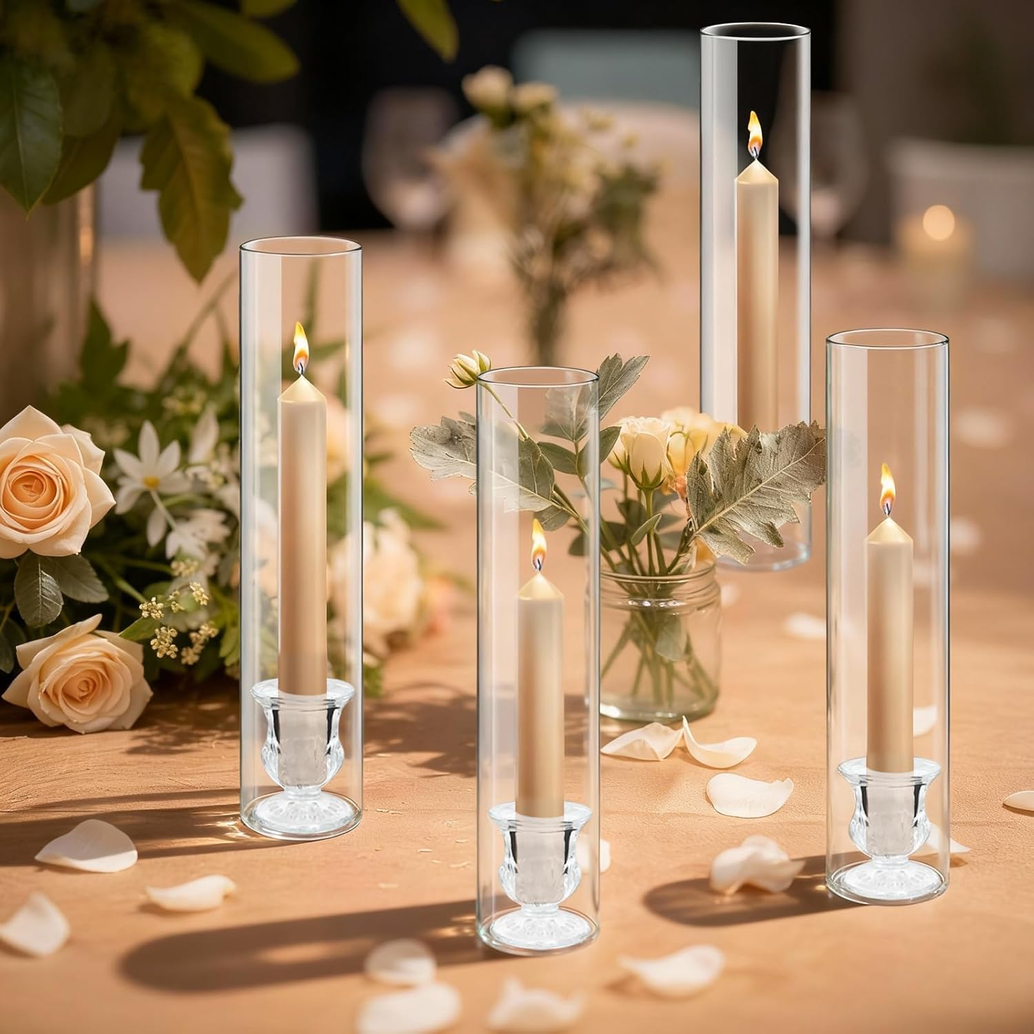 12 Sets Glass Hurricane Candle Holders - 12.6” Clear Tall Cylinder Candle Holder Chimney Tube with 2” Holder for Wedding, Christmas Table Decor (12, Clear)