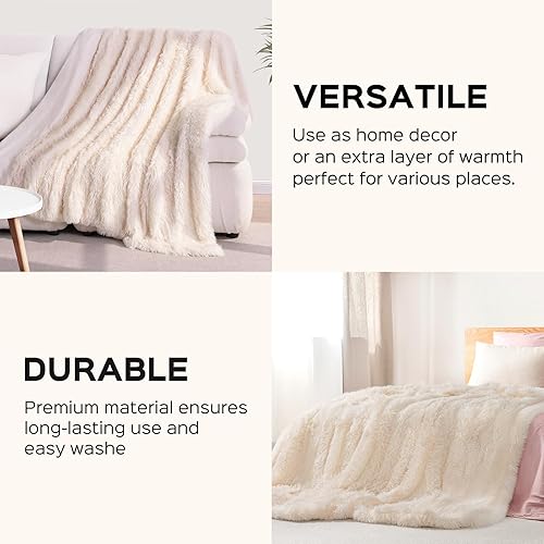 Miniatura 5 de KANKAEU Manta de piel sintética tamaño individual de 60 x 80 pulgadas, manta color crema para sofá, mantas y mantas suaves reversibles, manta