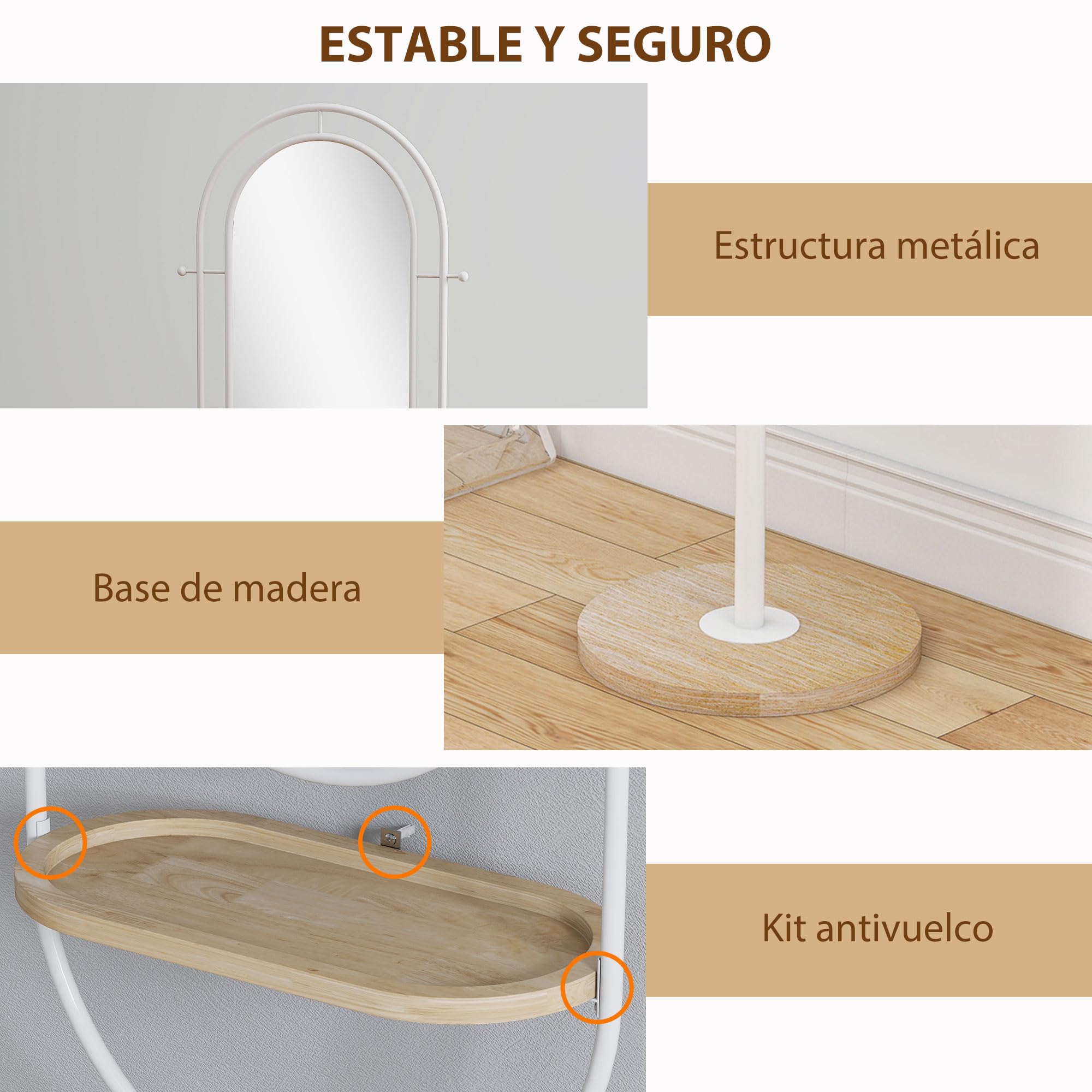 HOMCOM Specchio a pavimento con vassoio in legno 175.5x50cm, Bianco