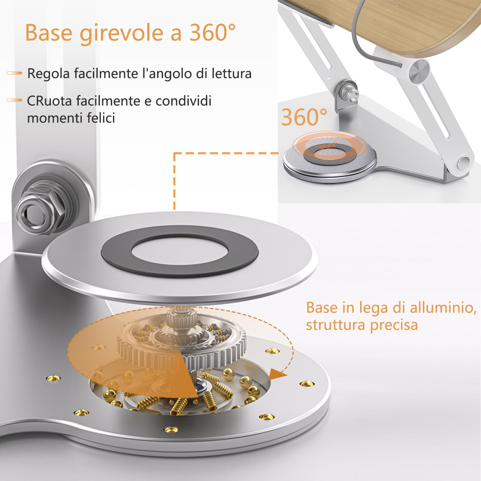 Leggio per la lettura, con base girevole a 360°, pieghevole, pratico supporto girevole per spartiti, libri più pesanti, laptop