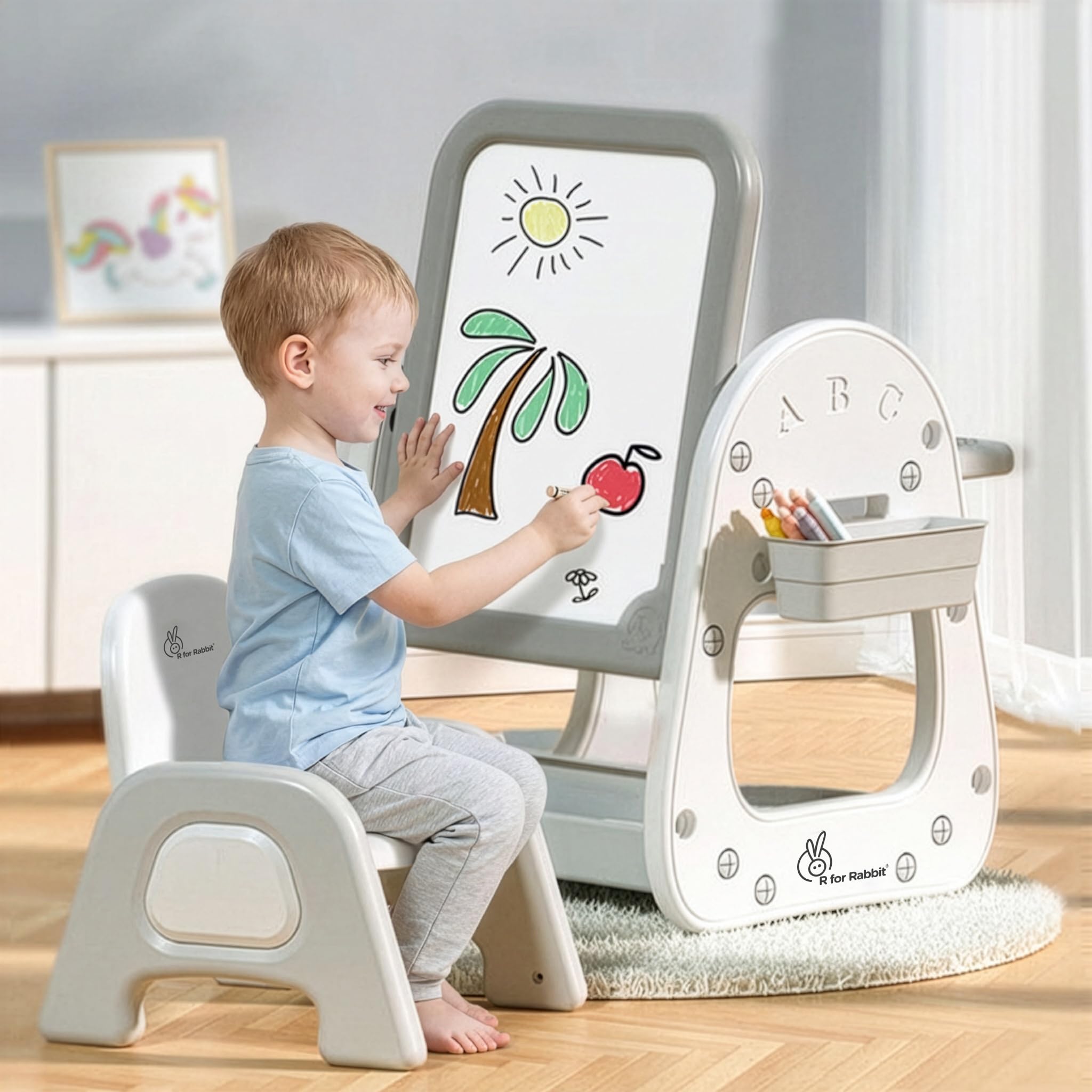 R for Rabbit Little Genius Picasso Kids Study Table Set with Chair, 3 in 1 Multipurpose Activity Table Set for 3-7 Years Kids, Upto 40kgs Weight Capacity (White Grey)