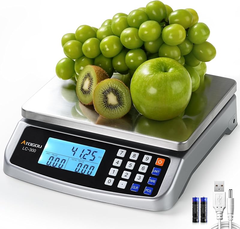 Báscula para alimentos Atogou de 66 lb, báscula de cocina comercial con cálculo de precios | Se puede enchufar, incremento de 0,05 oz/1 g, acero inoxidable 304, para cocinar, verduras, granja, industria, contar. LC300 Plata