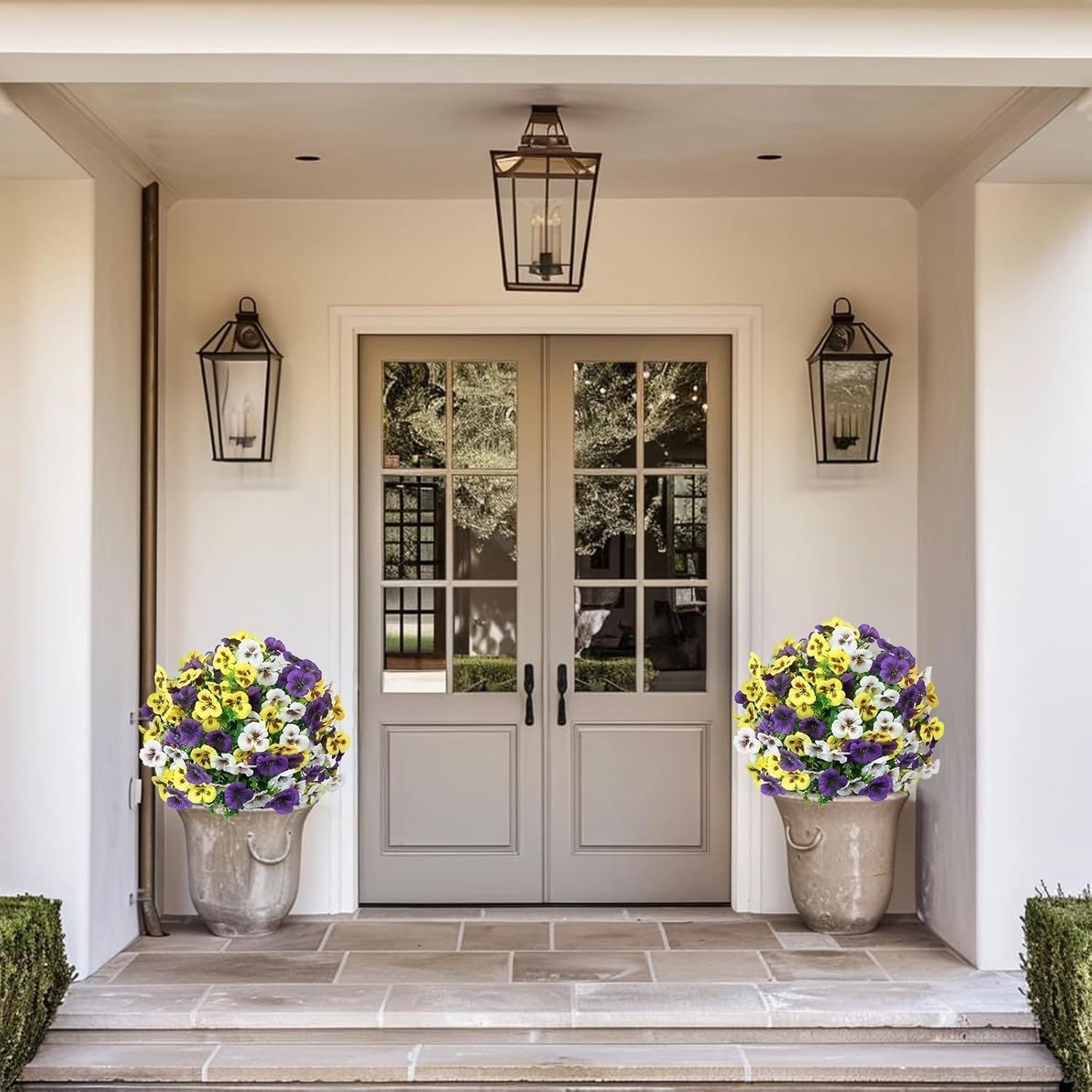 Zythrem 24" Artificial Boxwood Topiary Flower Ball Trees for Outdoor UV Resistant Topiary Ball with Ground Spike Fake Shrubs Bushes Pansies Flower for Urn Fillers Planters Front Porch Garden Yard