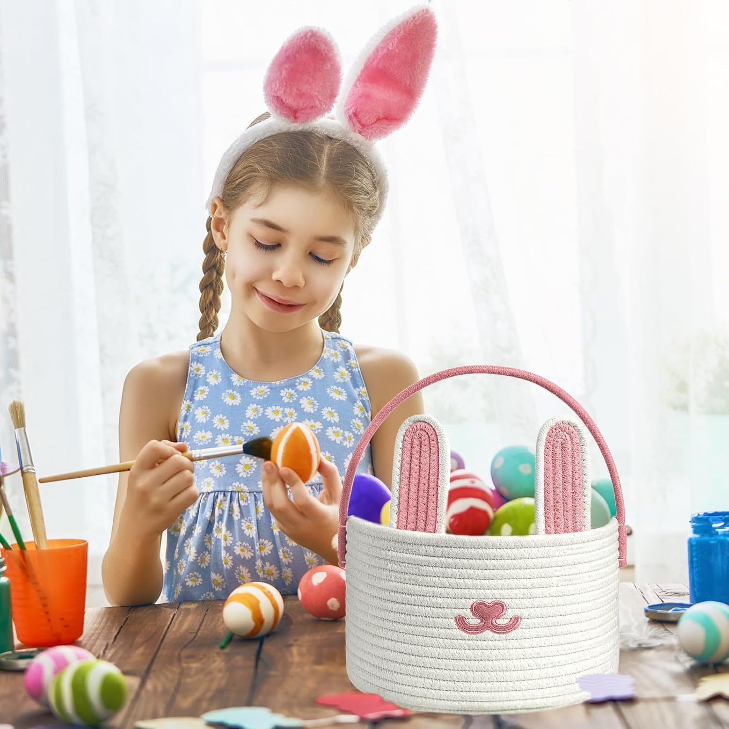 Poschnor Cute Easter Basket, Large Easter Bunny Basket, Woven Cotton Rope Baby Egg Easter Baskets for Girls, Boys, Toddler, Babies, Infant, with Gift Bags and Ribbons, Pink