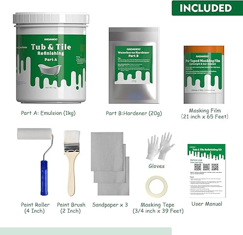 Miniatura 2 de NADAMOO Kit de reacabado de bañera y azulejos (1 kg35 oz, con herramientas, blanco), kit de reglaze para fregadero de bañera, pintura de