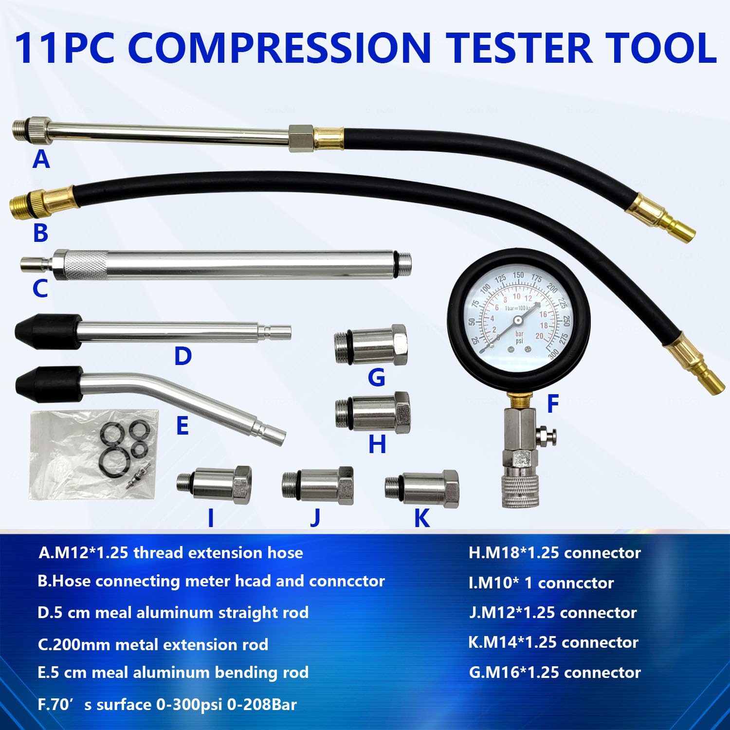 ZKTOOL Tester kompresji 11PC, zestaw adapterów do testera sprężania silnika samochodowego, wyciek z cylindra silnika test sprężania manometr silnika. (Wszystkie pojazdy).