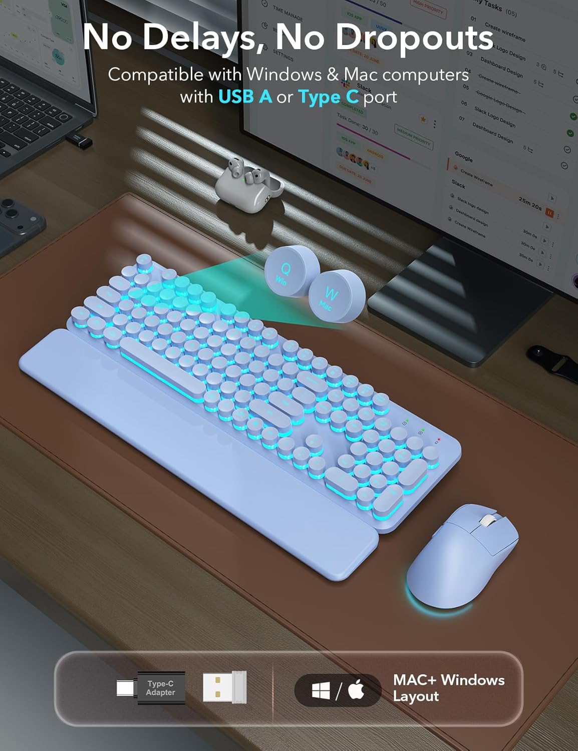 Wireless Keyboard and Mouse Backlit - Purple Typewriter Keyboard with Magnetic Wrist Rest, Retro Round Keycaps, Light Up Letters, 2.4GHz Cordless Combo for Windows, PC, Laptop, Trueque [Upgraded]