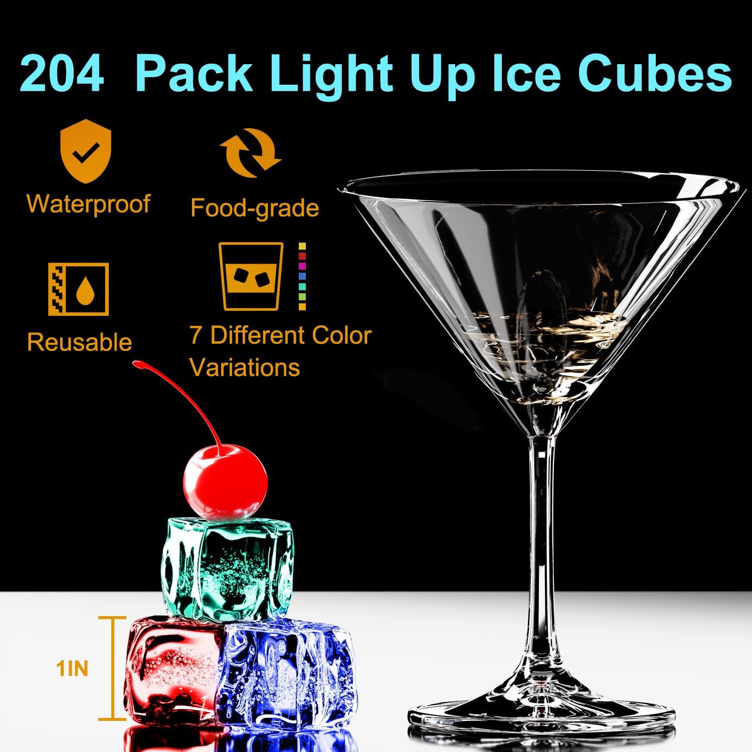 204PCS Waterproof LED Light Up Ice Cubes for Drinks That Change Colors Flashing Glow in The Dark for Bar Club Drinking Party Wine Wedding Swimming Pool Decoration…