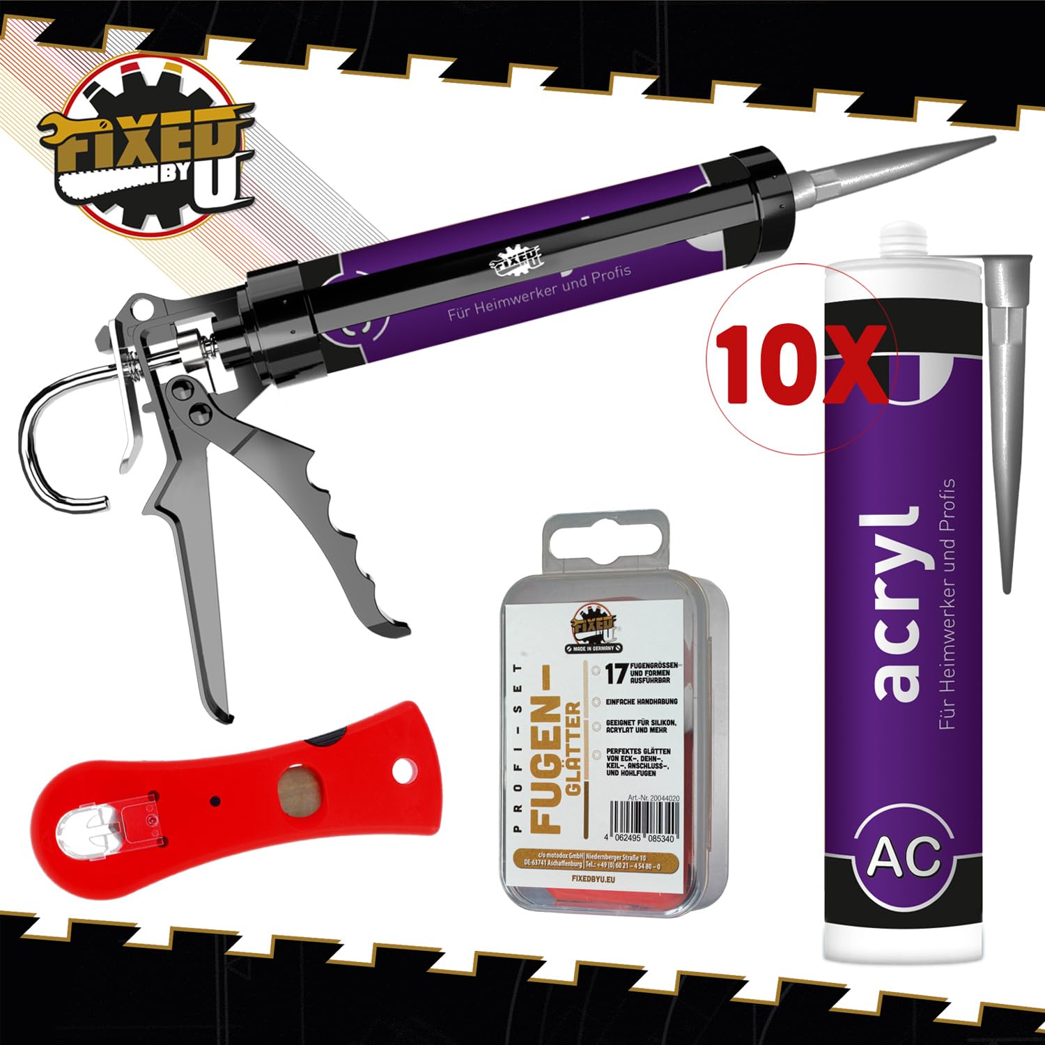Juego de sellador acrílico 10 x 310 ml cartucho gris, prensa de cartuchos de metal con relación 18:1, cortador de cartuchos, cortador de cartuchos, plancha para juntas de 4 piezas, sellado de