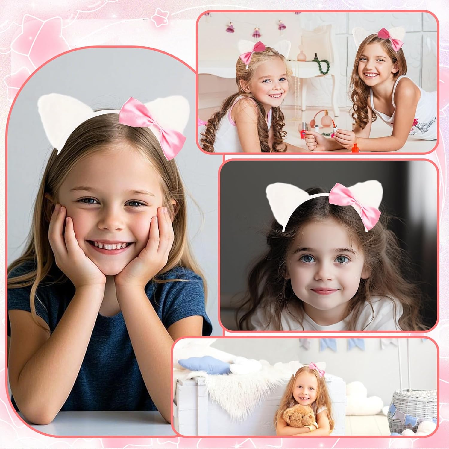 16 Pcs Kitty Cat Ears Headbands with Pink Bow Plastic Hello Cat Party Favors Kitten Party Bow Headwear Cats Coquette Hair Accessories for Women Kitten Birthday (Pink) - Image 6