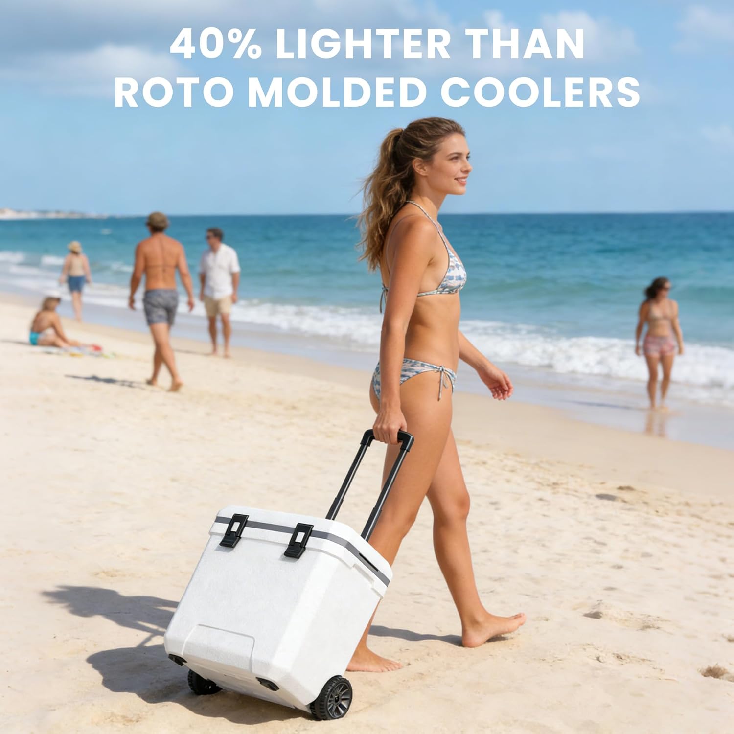 Rolling Cooler with Wheels and Retractable Handle, Ultra-Light Insulated Portable Ice Chest with Cup Holders, Keeps Cool for up to 5 Days, Camping, Beach & Outdoor Use