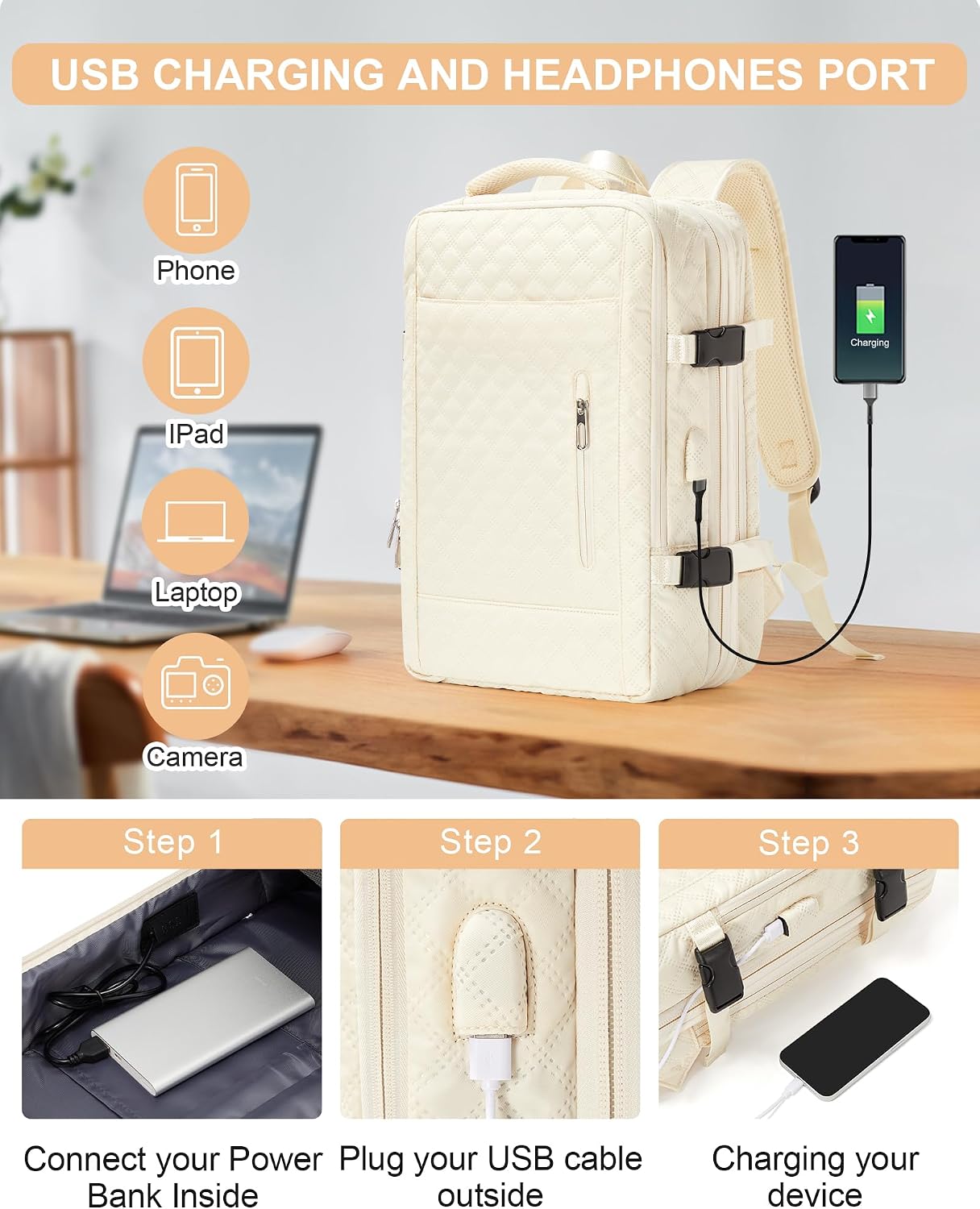 Mochila de viagem grande para mulheres e homens, aprovada como bagagem de mão para avião, tamanho de item pessoal, mochila de trabalho e viagem com compartimento para sapatos, bege Mochila de viagem grande para mulheres e homens, aprovada como bagagem de mão para avião, tamanho de item pessoal, mochila de trabalho e viagem com compartimento para sapatos, bege