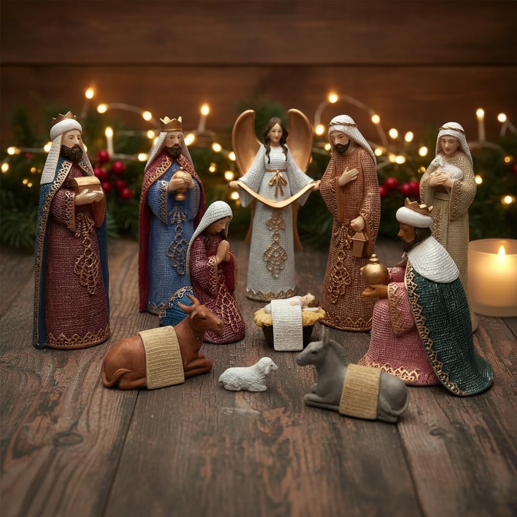 Comfy Hour 11 Figurines Nativity Scene, Traditional Christmas Religious Statue, Christ Child Mary Joseph Three Wise Men and Angel, Holiday Home Decor Accent, Polyresin Artisan Sculpture