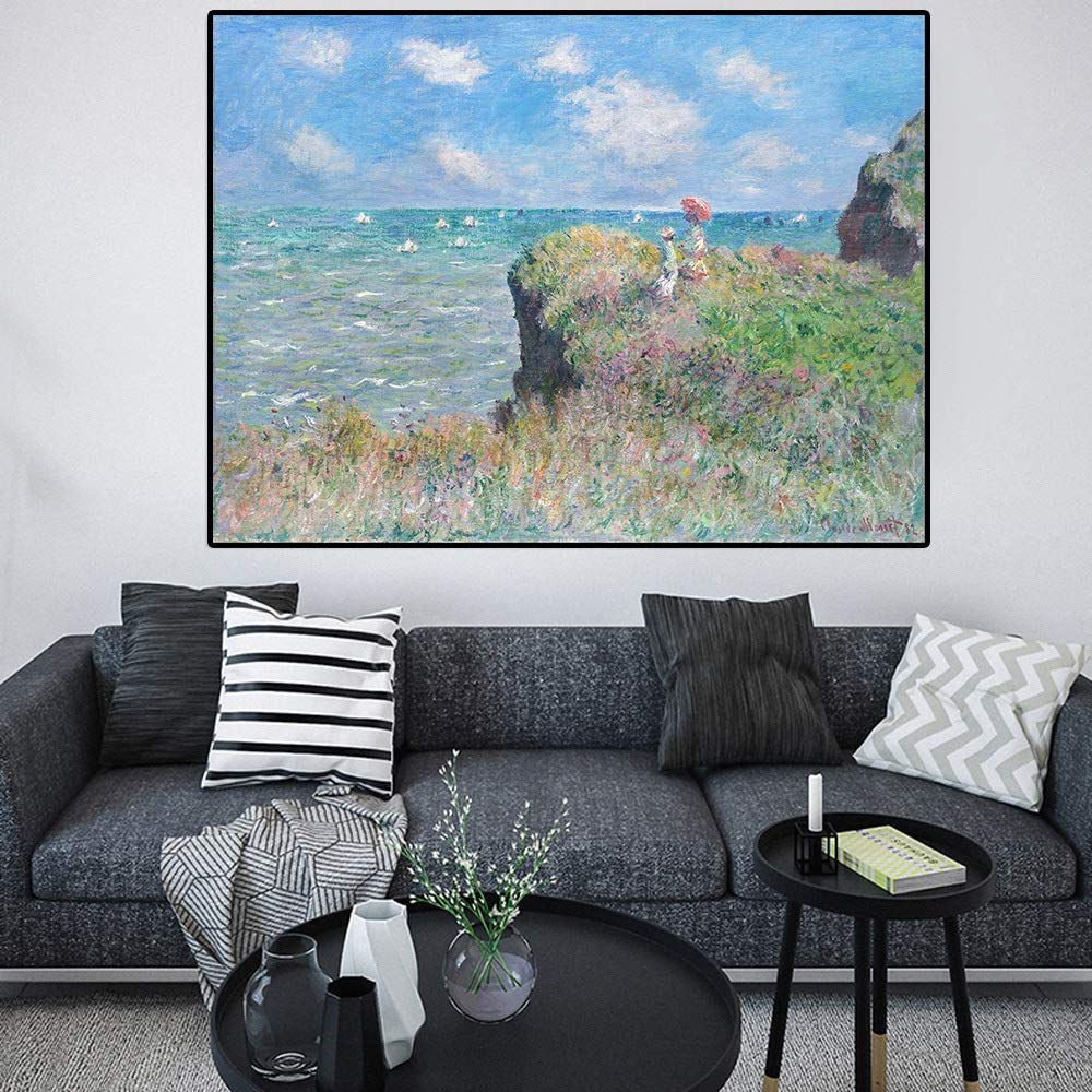 Claude Monet Dipinti su Tela Clifftop Walk At Pourville Impressionisti Poster e Stampe Wall Art Pictures Home Decor 40x50cm (16x20in) Con Cornice