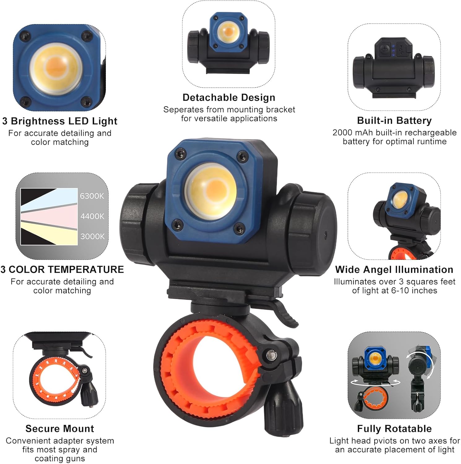 NextLED NT-R3202 Rechargeable Paint Spray Gun Light, CRI 95+ Color Match with 3 Lighting Modes (3000K/4400K/6300K), 450 LM, Mountable & Detachable, Wide Beam, Universal Auto Paint Gun Light Bracket