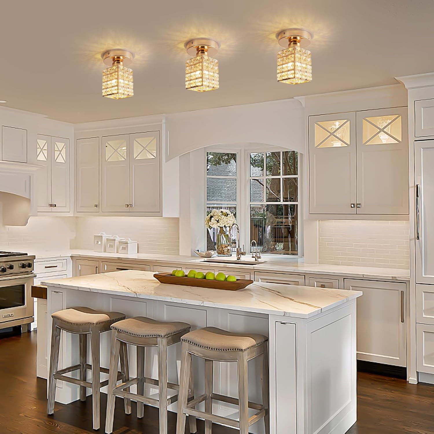 HOREVO Hallway Kitchen Light Flush Mount Ceiling Light with K9 Glass Accents and Metal Base Mini Chandelier for Foyer, Entrance - Compatible with E26/E27 Bulbs (Bulb Excluded)