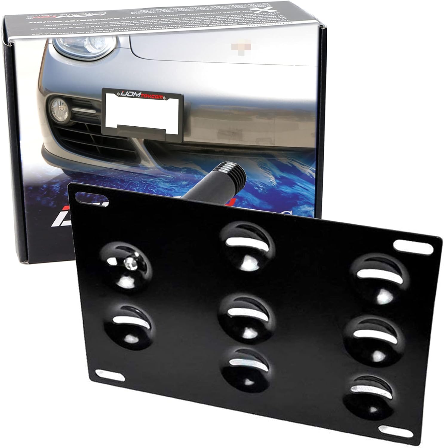 iJDMTOY No Drill Front Bumper Tow Hook License Plate Mounting Bracket Adapter Kit Compatible