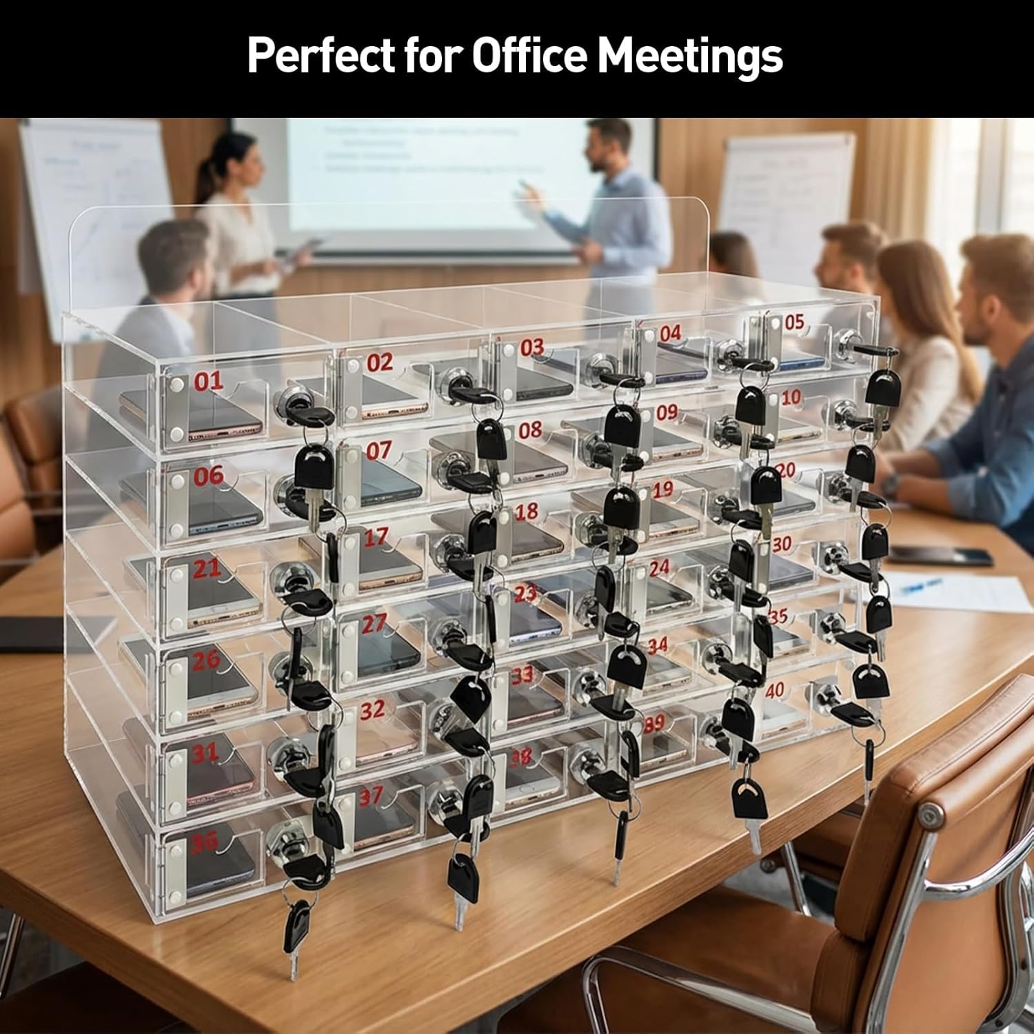 40-Slot Acrylic Cell Phone Locker Box, Large Capacity Clear Phone Storage Cabinet with Keys for Office, Gym, Factory，Swimming Pool, Name Card Slot Cell Phone Locker for Employees