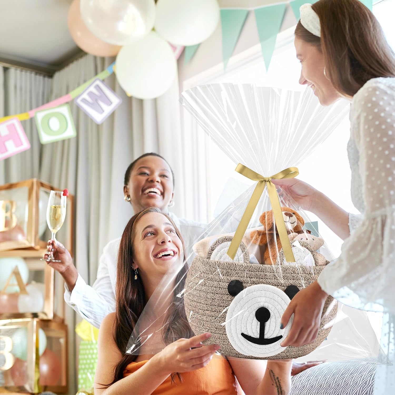 Zopeal Baby Basket for Nursery with Gift Bags and Ribbons Cotton Rope Woven Bear Gift Basket with Handles for Living Room Bathroom Storage Organizing Decoration, 10.5" D x 8.5" H (Brown) - Image 6