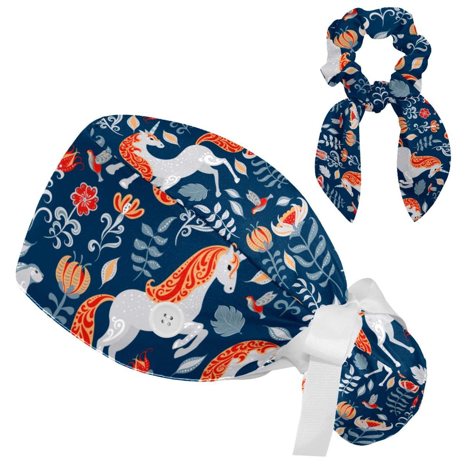 Women's Working Caps Bouffant Surgical Cap with Bow Scrunchies Little Daisy Art Paint Ponytail Holder Tie Back Scrub Hat