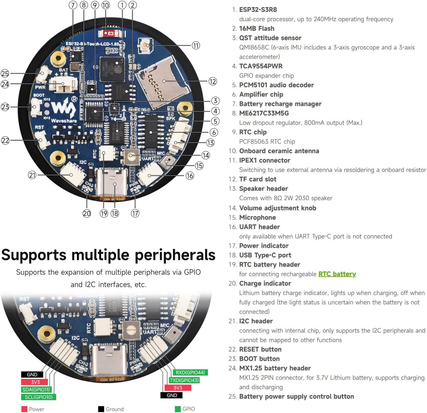 Waveshare ESP32-S3 1.85inch Round Display Development Board 360×360, 32-Bit LX7 Dual-Core Processor, Up to 240MHz Frequency, Supports Wi-Fi & BLE 5, Accelerometer and Gyroscope Sensor, with Touch