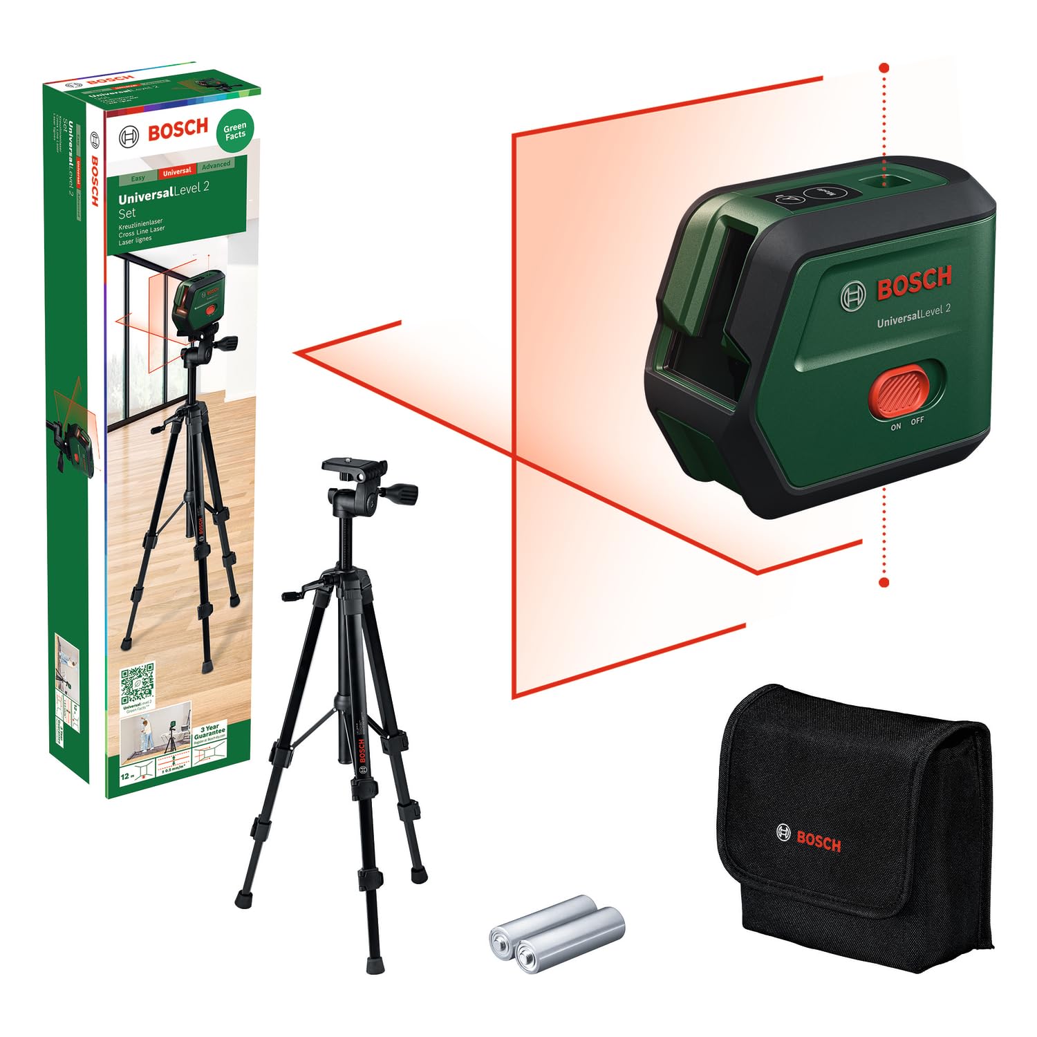 Laser krzyżowy Bosch UniversalLevel 2 ze statywem (linia laserowa skrzyżowana wraz z dodatkowymi punktami w pionie do precyzyjnego wyrównywania elementów i łatwego przenoszenia punktów)