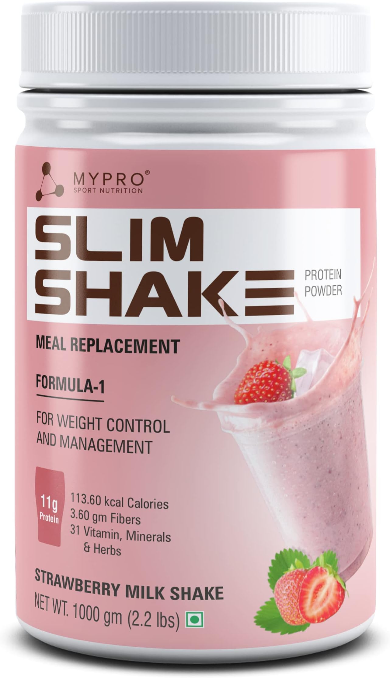 Mypro Sport Nutrition Slim Shake Protein Powder-Meal Replacement Shake For Weight Control & Management-Sugar-Free,For Men & Women-1000 Gm- Strawberry Milk Shake Flavor
