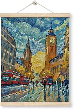 WDSXWH London City Street Wall Art Decor, Impressionist Big Ben and Red Bus Oil Painting Artwork, Urban Landscape Hanging Poster for Living Room Bedroom Office Decor 12x16 Inches
