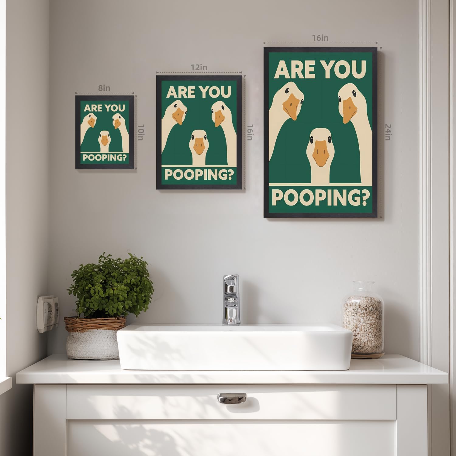 EisEver Funny Goose Bathroom Wall Art, Cute Whimsical Three Goose Wall Decor, “ARE YOU POOPING?” Animal Toilet Canvas Print, Modern Humor Kids Washroom Artwork for Restroom Wood Framed 16x24 Inch