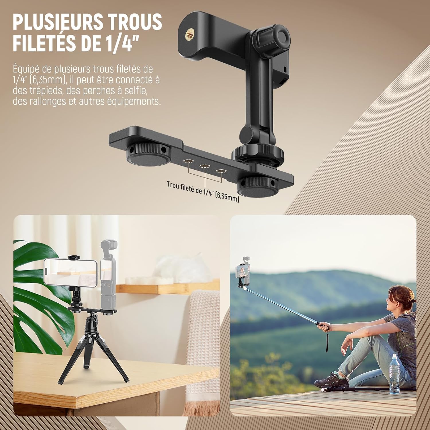 NEEWER Support de Téléphone Compatible avec DJI Osmo Pocket 4 & Pocket 3, Accessoire d'Extension,Filetage 1/4" pour Trépied/Tige d'Extension, Griffe Froide pour Mini Lampe Vidéo et Microphone, AC021