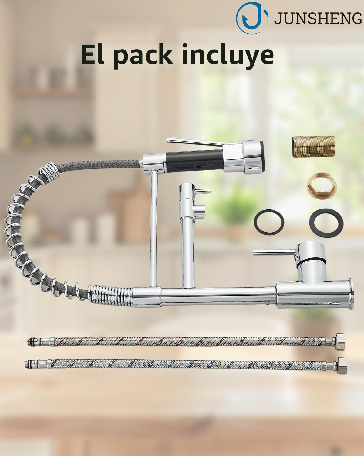Junsheng grifo de cocina, grifo de cocina con resorte de alta presión, cromado, giratorio de 360 grados, acero inoxidable.