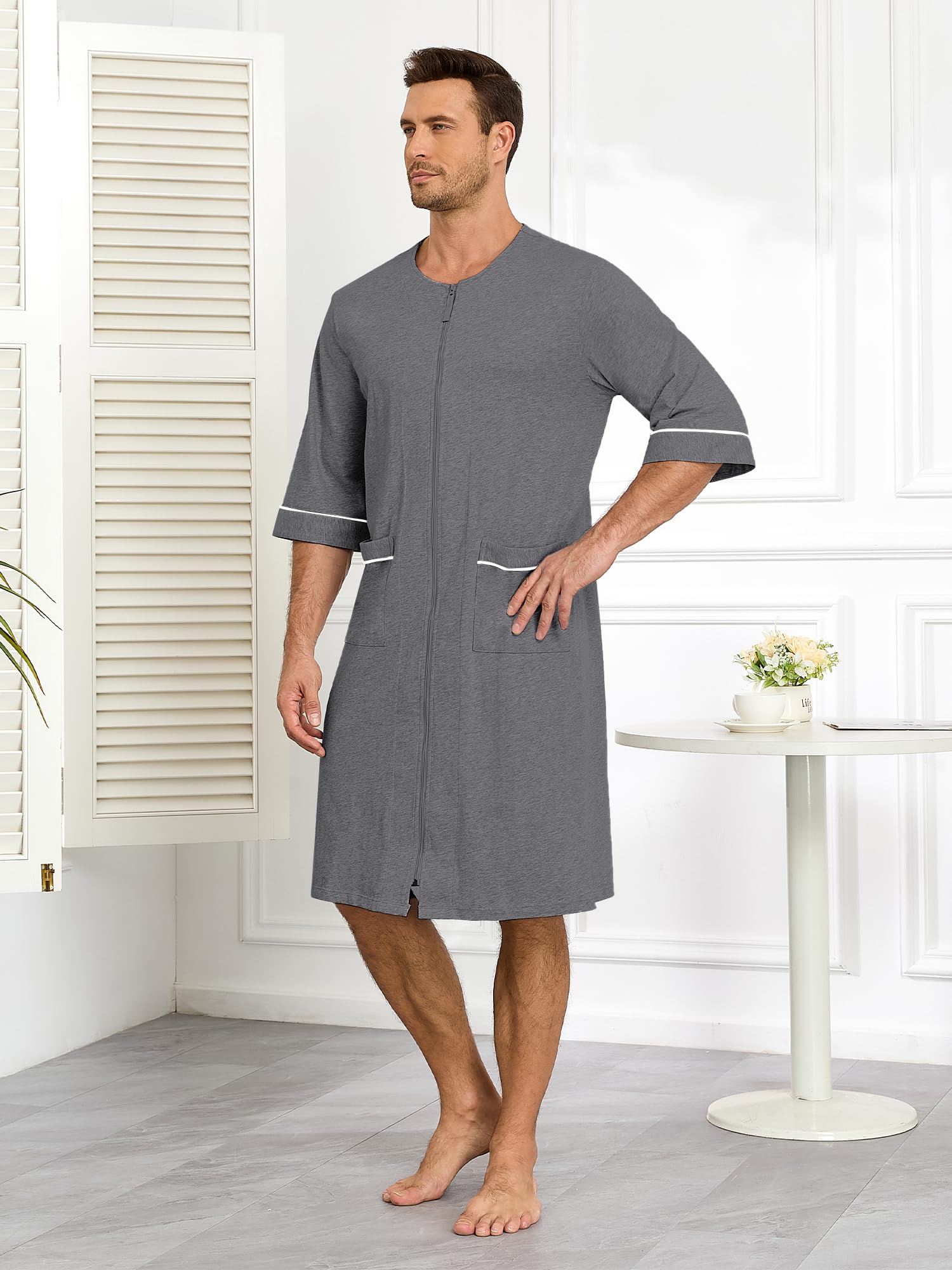 COLORFULLEAF Herren-Bademantel aus 100 % Baumwolle, weicher Reißverschluss, kurzärmelig, Sommer-Kimono, Hausmantel mit Taschen
