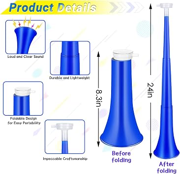 2PCSCollapsible Stadium Horn 24 Inch Vuvuzela Plastic Trumpet Horn Blow Horn Noisemakers Loud Sound Soccer Horn Cheer Horn for Sporting Events Graduation Games School Party Supplies Favors Accessories