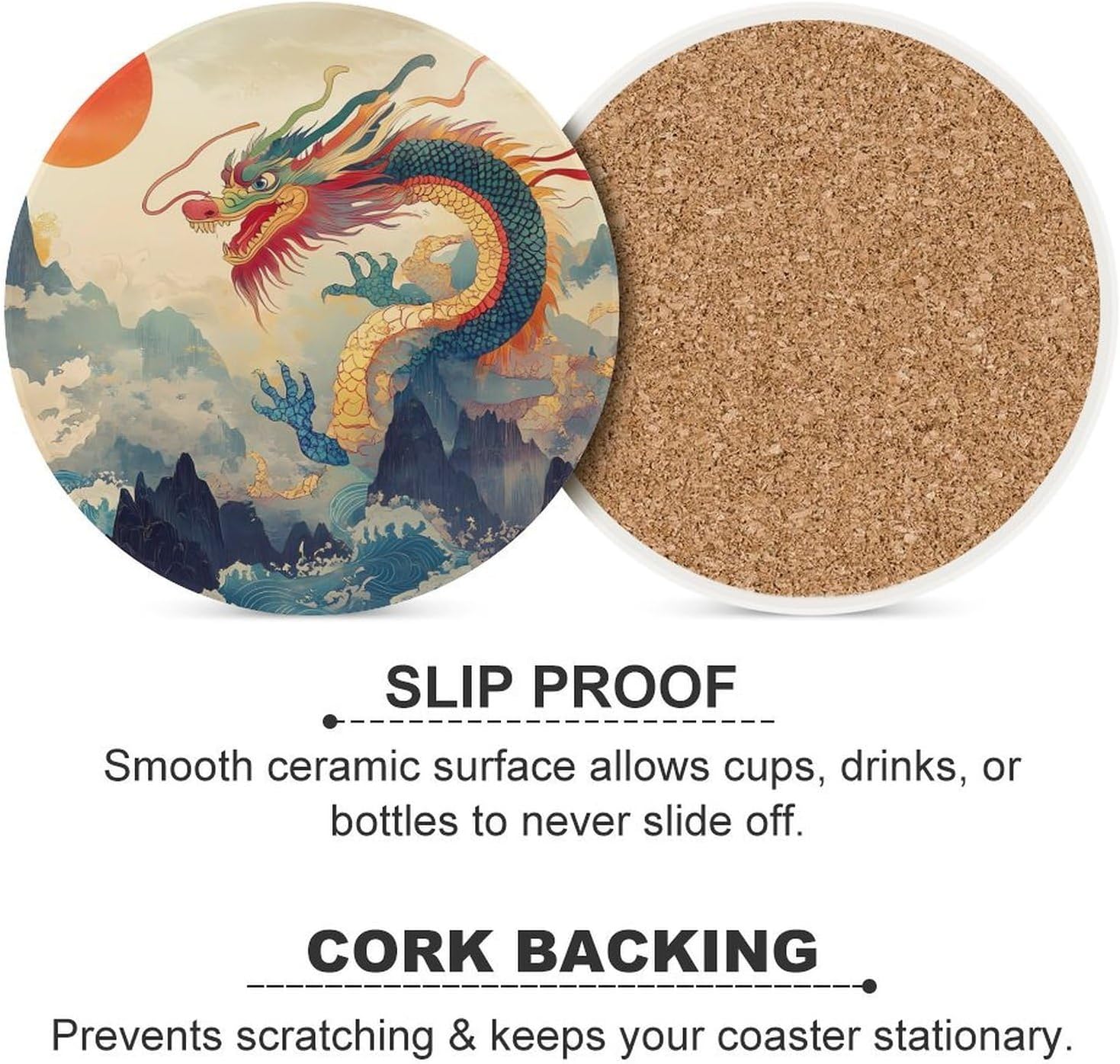 Chinese Dragon Sun Round Ceramic Coasters for Drinks Absorbent Cup Holder Tabletop Protector with Cork Base
