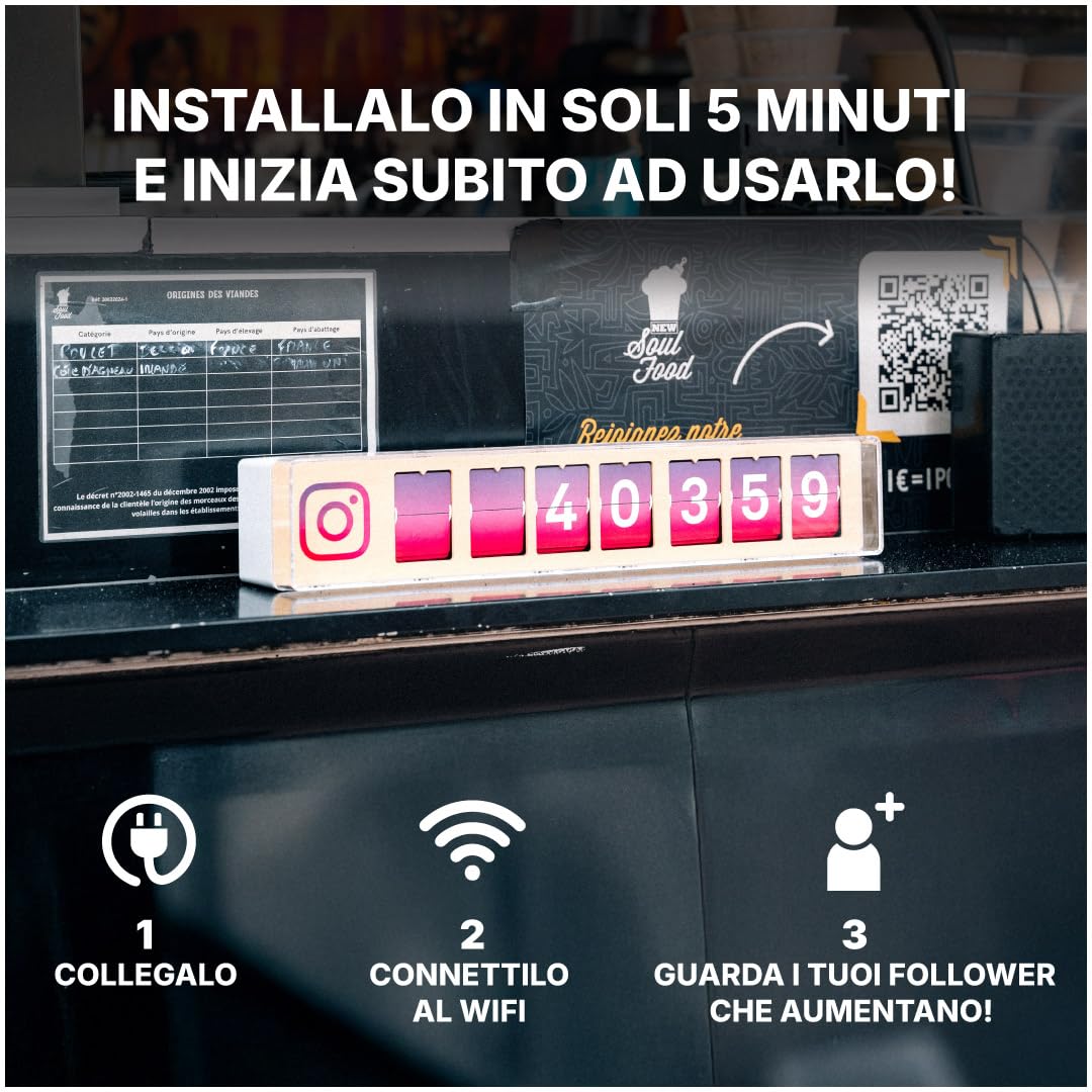 Contatore istantaneo di Follower Instagram - Collegato ai Tuoi Social Network Aziendali in Tempo Reale - Potenzia la visibilità e fidelizza - Struttura in Legno - Wi-Fi - 7 Numeri