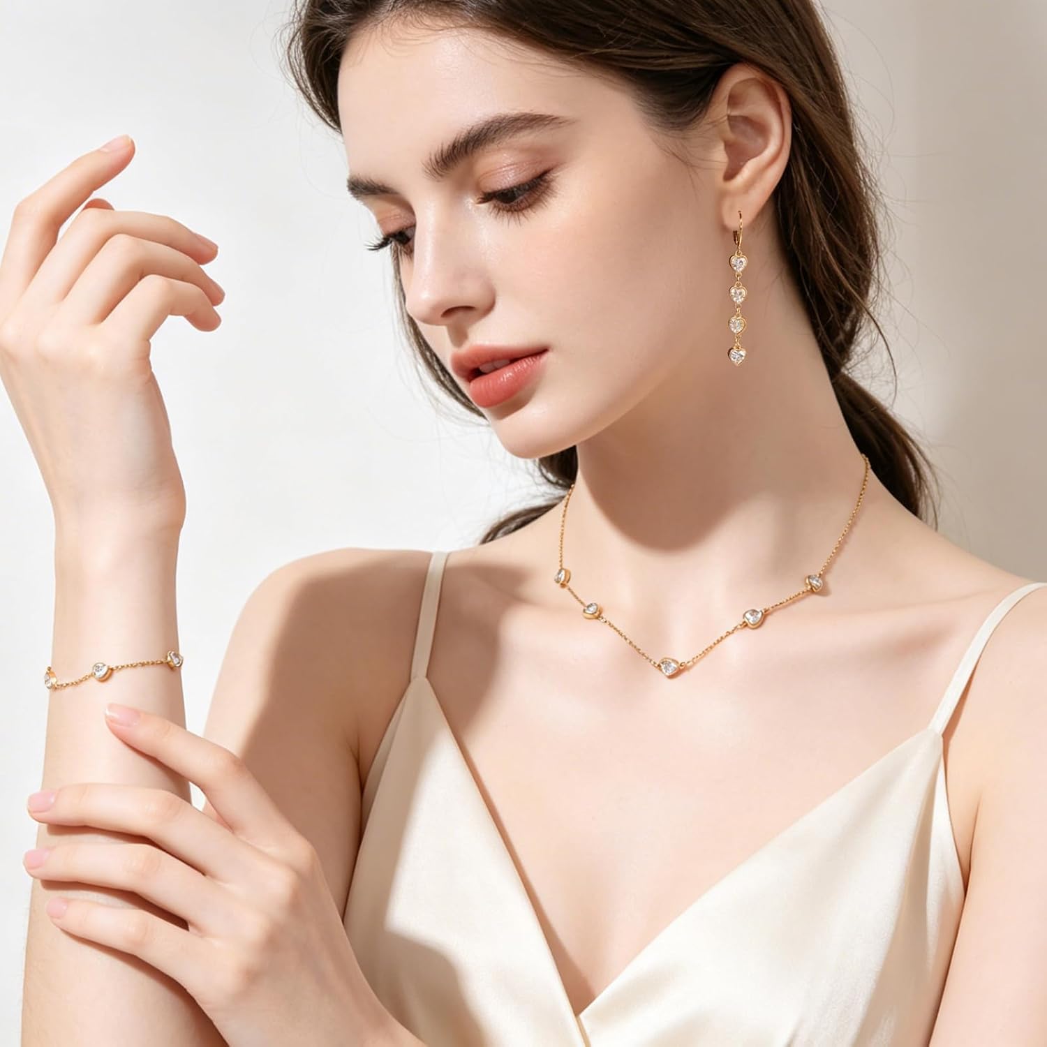 Emerald-cut Cubic Zirconia Jewelry Set for Women 18k Gold Plated 4/2 Pcs Heart CZ Necklace Earring Bracelet Anklet Birthstone Jewelry Wedding Prom Birthday Gift